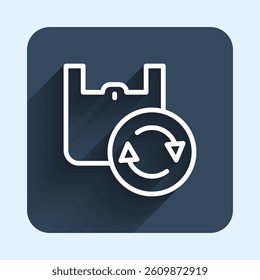 White line Paper shopping bag with recycle icon isolated with long shadow background. Bag with recycling symbol. Blue square button. Vector
