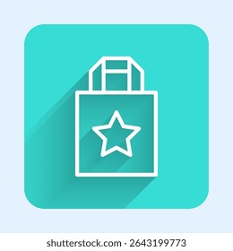 White line Paper shopping bag icon isolated with long shadow. Package sign. Green square button. Vector Illustration