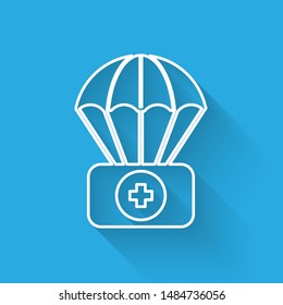 White line Parachute with first aid kit icon isolated with long shadow. Medical insurance.  Vector Illustration