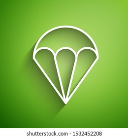 White line Parachute icon isolated on green background. Extreme sport. Sport equipment.  Vector Illustration