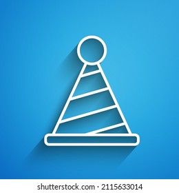 White line Party hat icon isolated on blue background. Birthday hat. Long shadow. Vector
