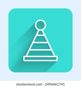White line Party hat icon isolated with long shadow. Birthday hat. Green square button. Vector