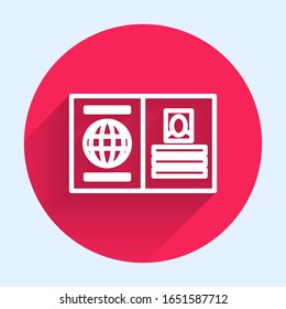 White line Passport with biometric data icon isolated with long shadow. Identification Document. Red circle button. Vector Illustration