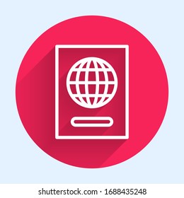 White line Passport with biometric data icon isolated with long shadow. Identification Document. Red circle button. Vector Illustration