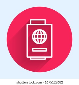 White line Passport with ticket icon isolated with long shadow. Identification Document. Concept travel and tourism. Red circle button. Vector Illustration