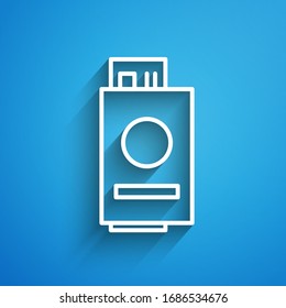 White line Passport with ticket icon isolated on blue background. Identification Document. Concept travel and tourism. Long shadow. Vector Illustration