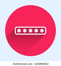 White line Password protection and safety access icon isolated with long shadow. Security, safety, protection, privacy concept. Red circle button. Vector Illustration