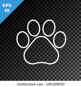 White line Paw print icon isolated on transparent dark background. Dog or cat paw print. Animal track.  Vector Illustration