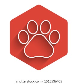 White line Paw print icon isolated with long shadow. Dog or cat paw print. Animal track. Red hexagon button. Vector Illustration