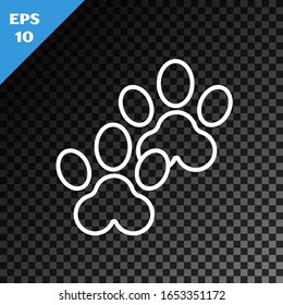 White line Paw print icon isolated on transparent dark background. Dog or cat paw print. Animal track.  Vector Illustration