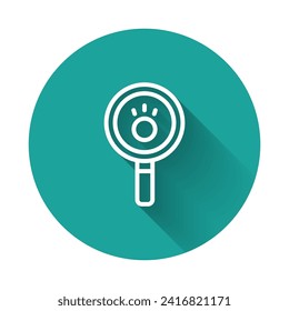 White line Paw search icon isolated with long shadow. Magnifying glass with animal footprints. Green circle button. Vector