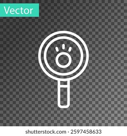 White line Paw search icon isolated on transparent background. Magnifying glass with animal footprints.  Vector