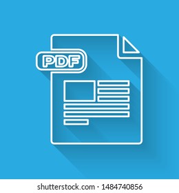 White line PDF file document. Download pdf button icon isolated with long shadow. PDF file symbol.  Vector Illustration