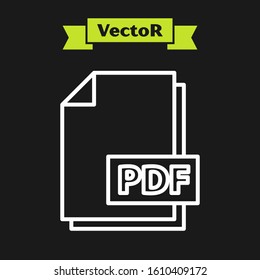 White line PDF file document. Download pdf button icon isolated on black background. PDF file symbol.  Vector Illustration