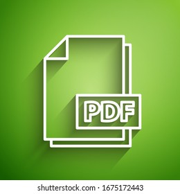 White line PDF file document. Download pdf button icon isolated on green background. PDF file symbol.  Vector Illustration