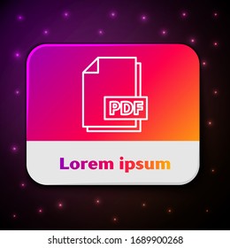 White line PDF file document. Download pdf button icon isolated on black background. PDF file symbol. Rectangle color button. Vector Illustration