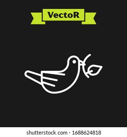 White line Peace dove with olive branch icon isolated on black background. Happy Easter.  Vector Illustration