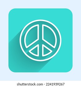 White line Peace icon isolated with long shadow. Hippie symbol of peace. Green square button. Vector