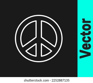 White line Peace icon isolated on black background. Hippie symbol of peace.  Vector