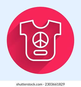 White line Peace icon isolated with long shadow. Hippie symbol of peace. Red circle button. Vector