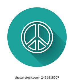 White line Peace icon isolated with long shadow background. Hippie symbol of peace. Green circle button. Vector