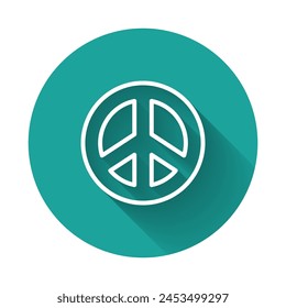 White line Peace icon isolated with long shadow. Hippie symbol of peace. Green circle button. Vector Illustration