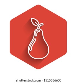 White line Pear icon isolated with long shadow. Fruit with leaf symbol. Red hexagon button. Vector Illustration