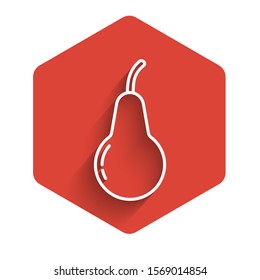 White line Pear icon isolated with long shadow. Fruit with leaf symbol. Red hexagon button. Vector Illustration