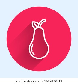 White line Pear icon isolated with long shadow. Fruit with leaf symbol. Red circle button. Vector Illustration
