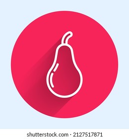 Icono de línea blanca Pear aislado Fondo de línea blanca. Fruta con símbolo de hoja. Botón de círculo rojo. Vector