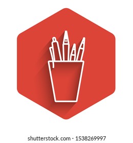 White line Pencil case stationery icon isolated with long shadow. Pencil, pen, ruler in a glass for office. Red hexagon button. Vector Illustration