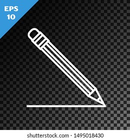 White line Pencil with eraser and line icon isolated on transparent dark background. Education sign. Drawing and educational tools. School office symbol.  Vector Illustration