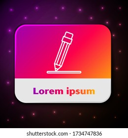 White line Pencil with eraser and line icon isolated on black background. Education sign. Drawing and educational tools. Rectangle color button. Vector Illustration