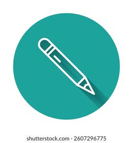 White line Pencil with eraser icon isolated with long shadow. Drawing and educational tools. School office symbol. Green circle button. Vector