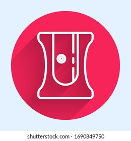 White line Pencil sharpener icon isolated with long shadow. Red circle button. Vector Illustration