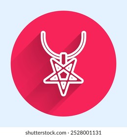 White line Pentagram on necklace icon isolated with long shadow. Magic occult star symbol. Red circle button. Vector