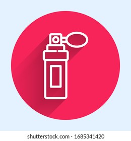 White line Perfume icon isolated with long shadow. Red circle button. Vector Illustration