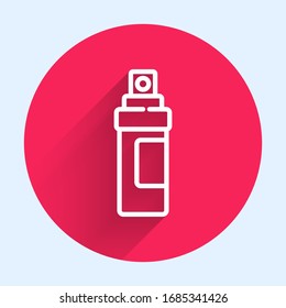 Icono Perfume de línea blanca aislado con una sombra larga. Botón de círculo rojo. Ilustración vectorial