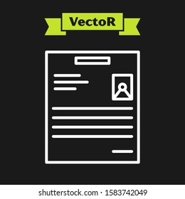White line Personal document icon isolated on black background. File icon. Checklist icon. Business concept.  Vector Illustration