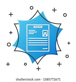 White line Personal document icon isolated on white background. File icon. Checklist icon. Business concept. Blue hexagon button. Vector Illustration