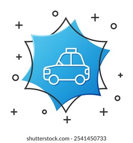 Línea blanca Icono del taxi del coche del animal doméstico aislado en el fondo blanco. Botón hexagonal azul. Vector