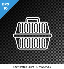White line Pet carry case icon isolated on transparent dark background. Carrier for animals, dog and cat. Container for animals. Animal transport box.  Vector Illustration