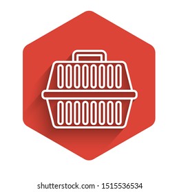 White line Pet carry case icon isolated with long shadow. Carrier for animals, dog and cat. Container for animals. Animal transport box. Red hexagon button. Vector Illustration