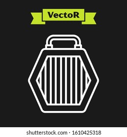 White line Pet carry case icon isolated on black background. Carrier for animals, dog and cat. Container for animals. Animal transport box.  Vector Illustration