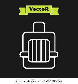 White line Pet carry case icon isolated on black background. Carrier for animals, dog and cat. Container for animals. Animal transport box.  Vector
