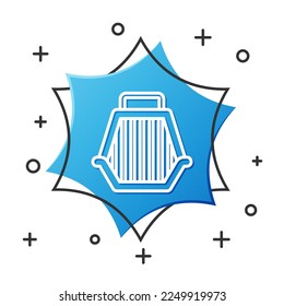 White line Pet carry case icon isolated on white background. Carrier for animals, dog and cat. Container for animals. Animal transport box. Blue hexagon button. Vector Illustration