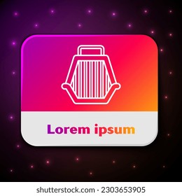 White line Pet carry case icon isolated on black background. Carrier for animals, dog and cat. Container for animals. Animal transport box. Rectangle color button. Vector Illustration