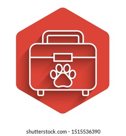 White line Pet first aid kit icon isolated with long shadow. Dog or cat paw print. Clinic box. Red hexagon button. Vector Illustration