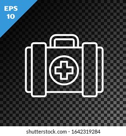White line Pet first aid kit icon isolated on transparent dark background. Dog or cat paw print. Clinic box.  Vector Illustration