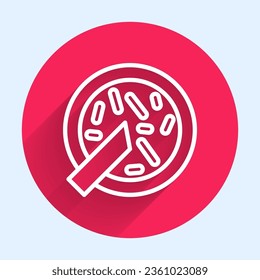 White line Petri dish with bacteria icon isolated with long shadow. Red circle button. Vector